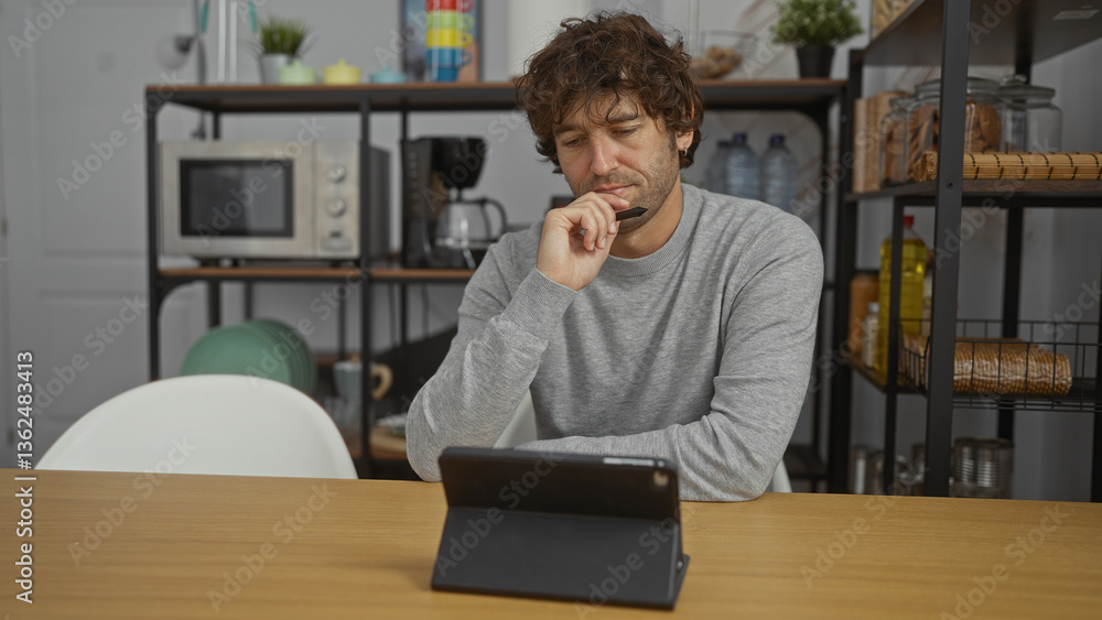 Obraz premium Young man thinking in office setting while sitting at a desk with tablet and holding pen, surrounded by shelves with kitchen items.