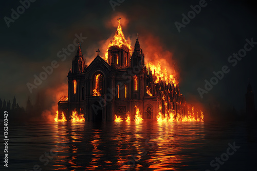 Majestic Gothic Cathedral Engulfed in Flames Surrounded by Dark Waters at Dusk
