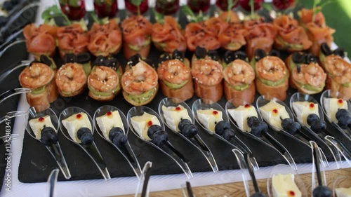 food and drinks on a buffet table in a restaurant