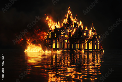 Fiery Gothic Castle Engulfed in Flames Reflected in Dark Waters at Night