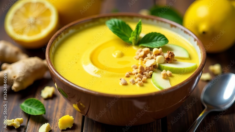 Smoothie bowl with lemon and ginger on wooden background Smoothie bowl with lemon and ginger on wooden background