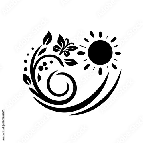A monochrome illustration with a stylized butterfly nestled in ornate vines, a sun with radiant beams, and curved elements, evoking harmony and nature.