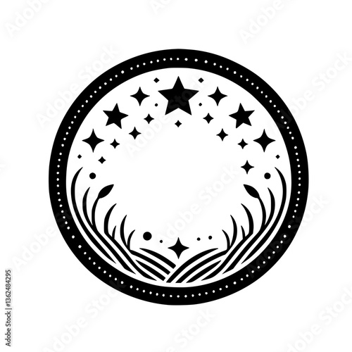 Elegant Black and White Circular Design featuring a Starry Sky Motif with Botanical Elements, Suitable for Decorative Purposes.