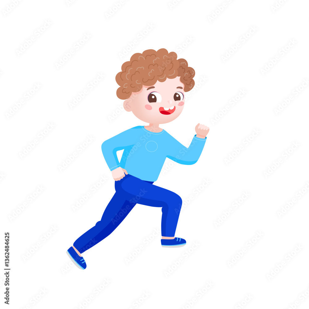 Happy cute little boy running so fast. Flat vector illustration isolated on white background Happy cute little boy running so fast. Flat vector illustration isolated on white background