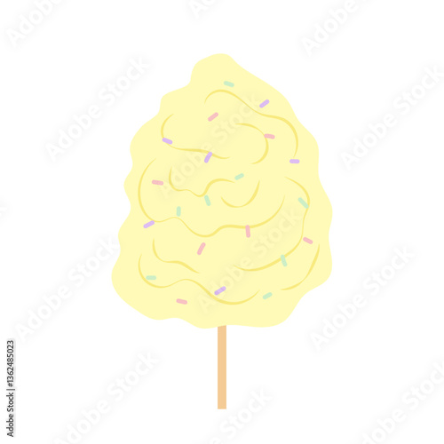Yellow candyfloss. Sweet sugar dessert. Takeaway. Park, lunapark, circus. Flat illustrations cotton candy with topping.