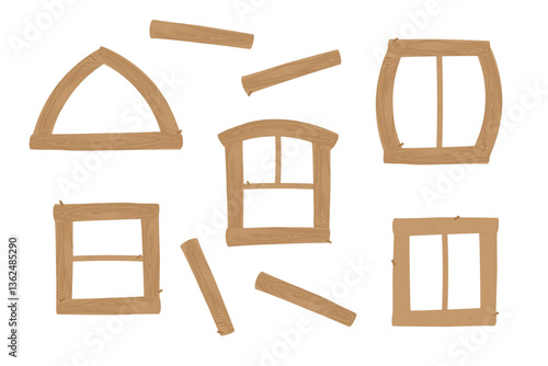 Set of wooden windows of different shapes. Vector illustration drawn in cartoon style, decorated with wooden structure and knots.