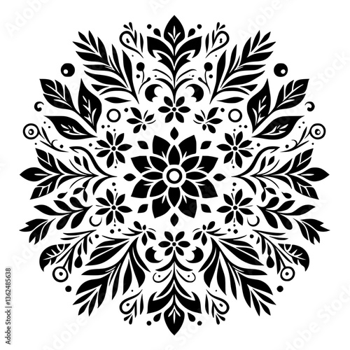 Intricate Black and White Floral Mandala Design, Featuring Symmetrical Leafy Vines, Blossoms, and Ornate Details Against a Clean White Background.