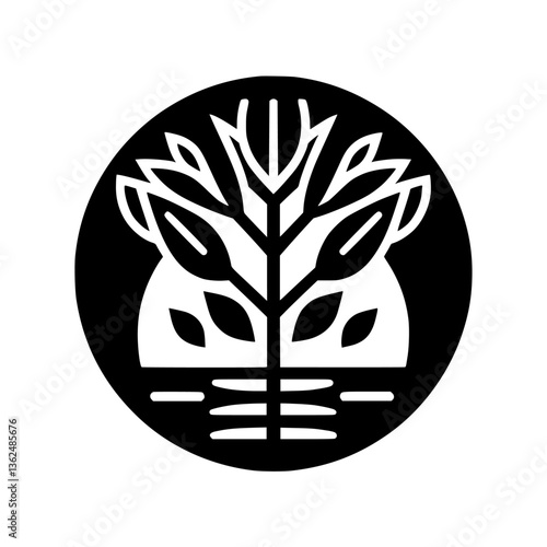 Stylized emblem featuring a tree and water lines enclosed in a black circle, symbolizing nature, growth, and balance against a bright background.