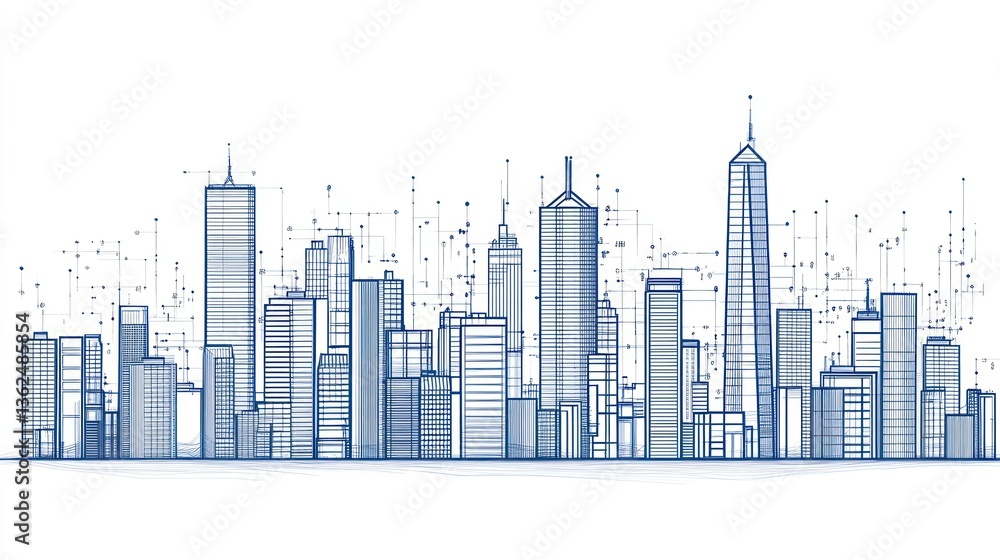 Fototapeta premium Abstract cityscape, urban skyline, digital illustration, architectural design, stock photo
