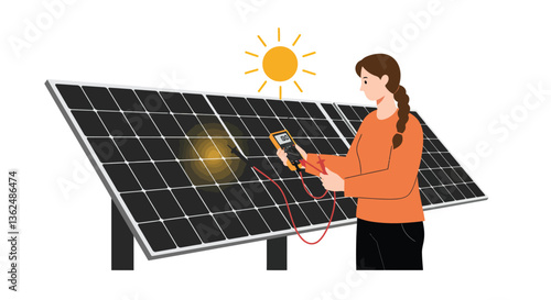 Woman measuring solar panel output with a multimeter in flat vector art