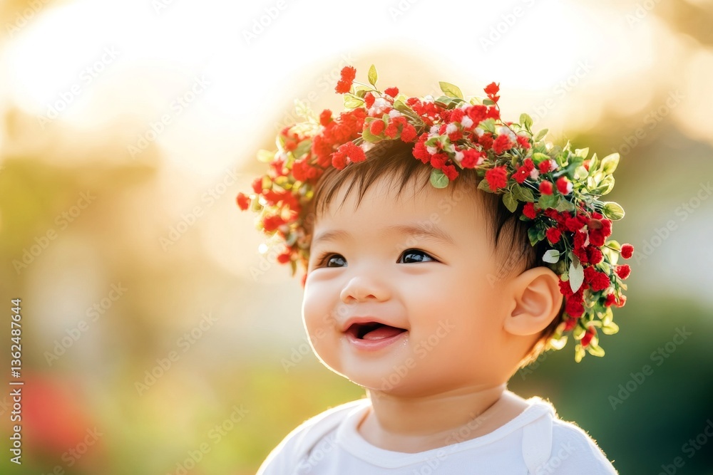 Smiling asian infant boy with tt hair wearing red flower circlet on his head. Sunny daylight. Happy vacation time holidays idea. Sunny holidays for kids. Child’s outdoor adventure. Smiling asian infant boy with tt hair wearing red flower circlet on his head. Sunny daylight. Happy vacation time holidays idea. Sunny holidays for kids. Child’s outdoor adventure.