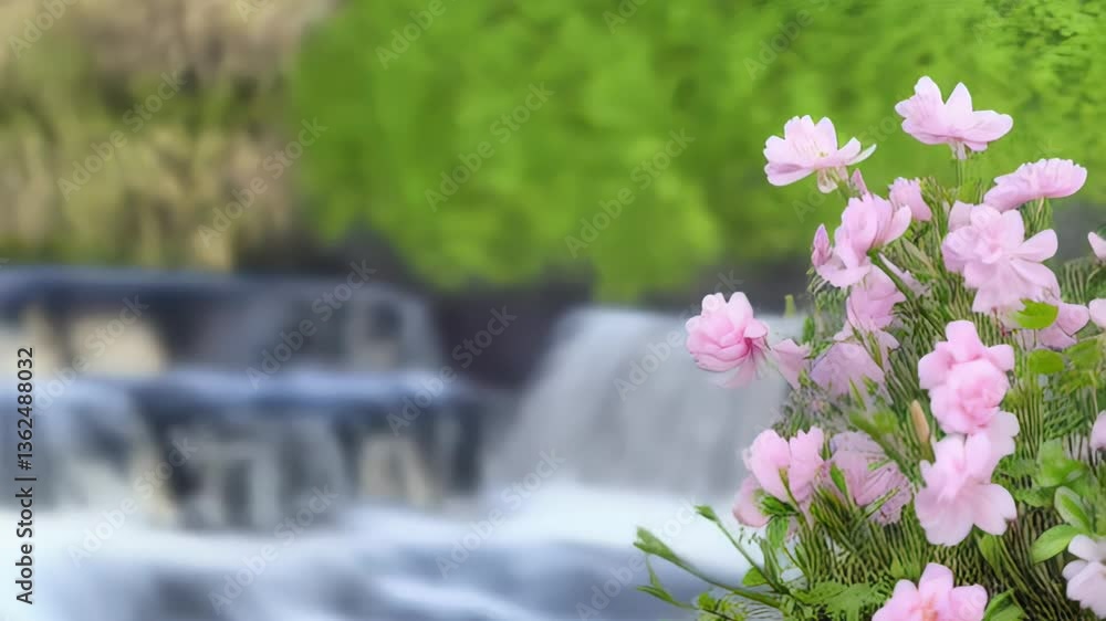 Blooming pink flowers beside a tranquil river in a serene natural landscape