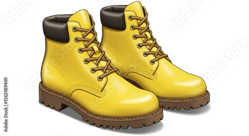 Pair of leather hiking boots isolated on white background with shiny laces and brown and black colors, perfect for winter and outdoor wear