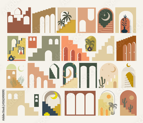 Moroccan architecture decorative elements. Morocco buildings, arched gates, walls, horizontal decor