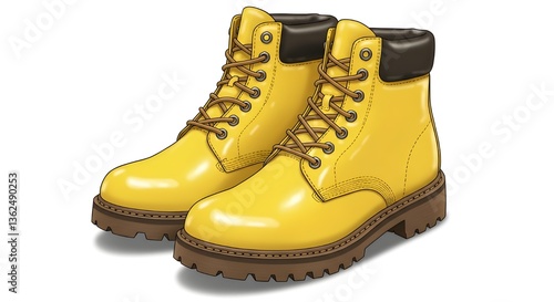 Pair of leather hiking boots isolated on white background with shiny laces and brown and black colors, perfect for winter and outdoor wear