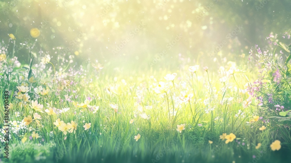 Fototapeta premium Serene Spring Meadow with Pastel Blooms and Dreamy Glow