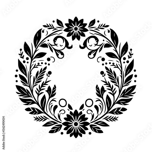 A symmetrical, black and white floral wreath design featuring stylized flowers, leaves, and decorative elements, perfectly circular on a clean white backdrop.