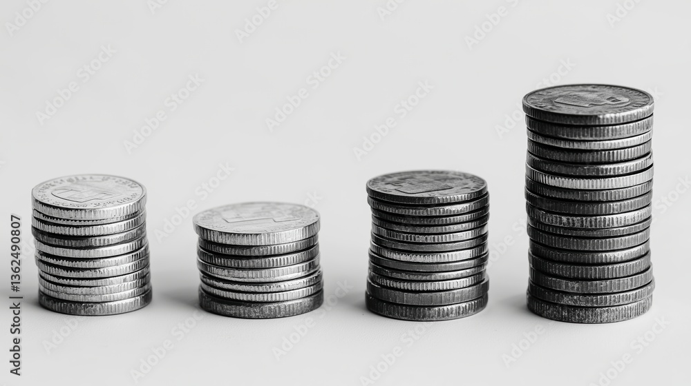 Stack of coins arranged as a rising bar graph, visually representing inflation, financial growth, and economic uncertainty in a dynamic composition Stack of coins arranged as a rising bar graph, visually representing inflation, financial growth, and economic uncertainty in a dynamic composition