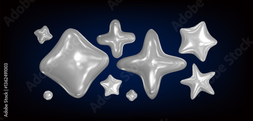 3d chrome set  holographic stars . Isolated silver abstract elements in y2k style and 90s design. Metal fluid shapes.  Aluminum stars and shapes on a dark background