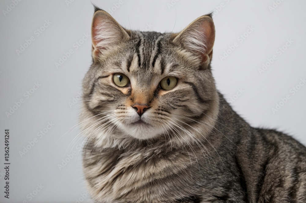 Grey tabby cat portrait with focused expression Grey tabby cat portrait with focused expression