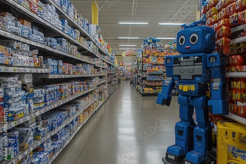 Blue Robot Figure in Grocery Store Aisle Surrounded by Shelves