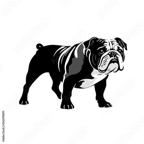 Bulldog standing proudly with a confident stance against a plain background, showcasing its distinctive features and strong build