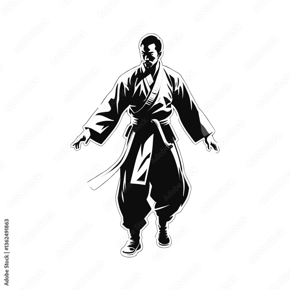 Shaolin Master Monk and Martial artist practicing balance and focus in a traditional pose during a training session Shaolin Master Monk and Martial artist practicing balance and focus in a traditional pose during a training session