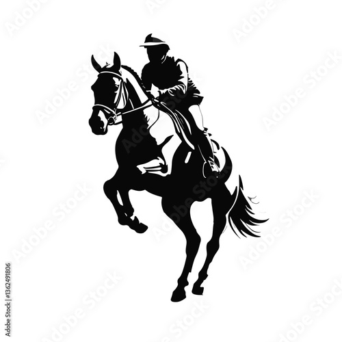Rider on horseback performs a dynamic jump during an equestrian event in an outdoor arena