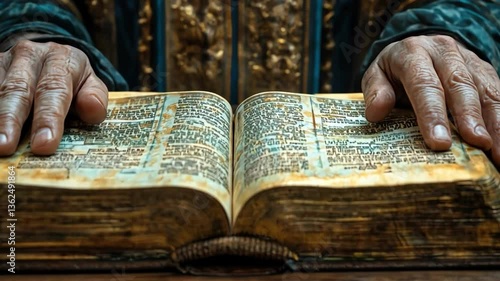 Ancient book with worn pages held in hands, showcasing intricate text that evokes deep sense of history and reverence.
