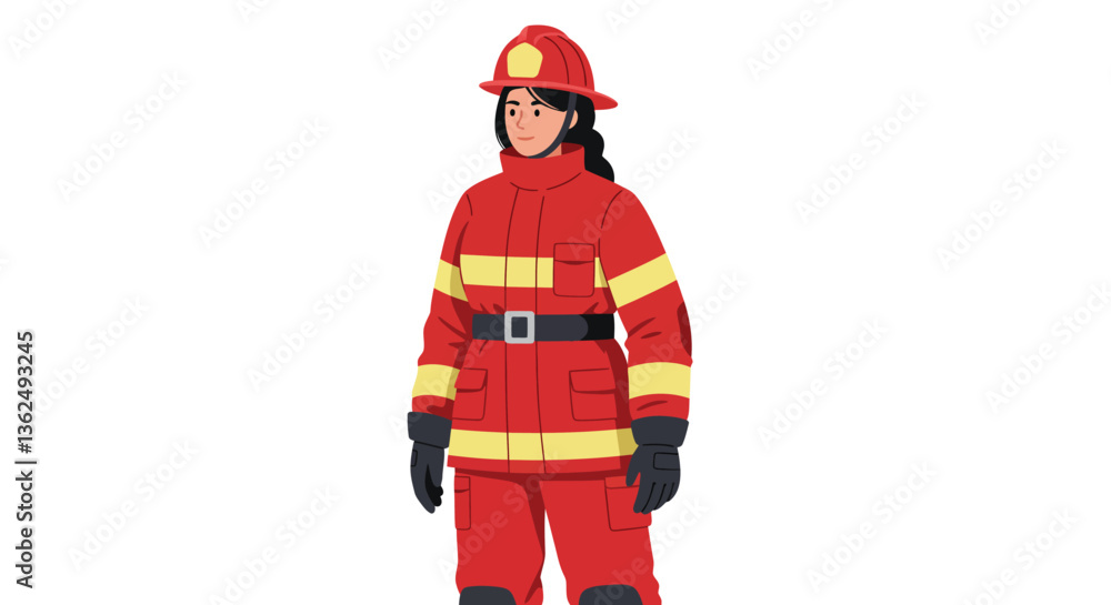 Fototapeta premium Firefighter character wearing bright red uniform in flat, minimal vector art
