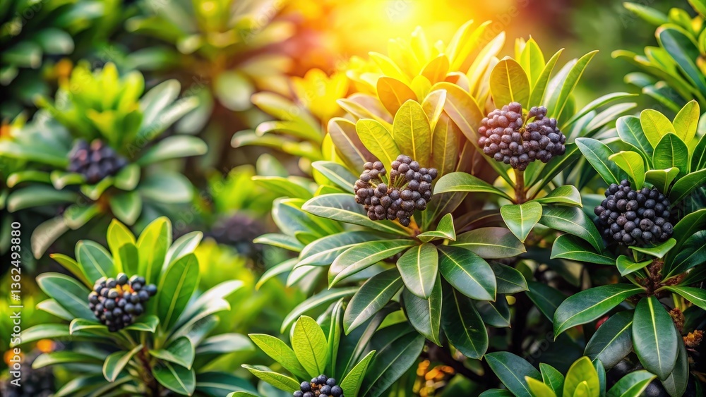 Obraz premium Dark Berries Glisten on Lush Green Foliage Under the Warm Glow of the Setting Sun