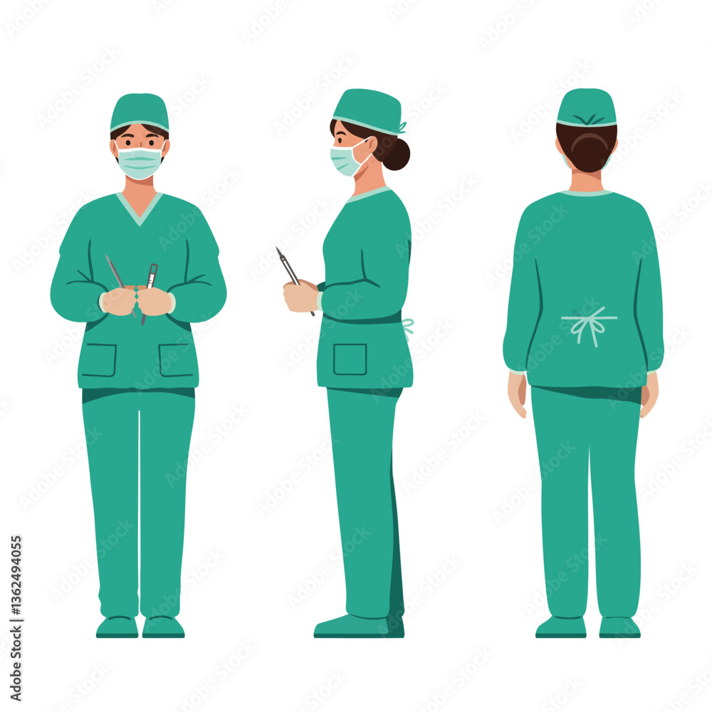 Medical professional character in three poses in flat design vector art Medical professional character in three poses in flat design vector art