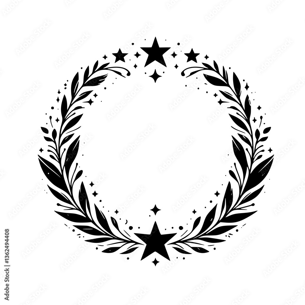 Fototapeta premium Elegant Black and White Circular Wreath, Composed of Leaves and Stars, Creating a Decorative Frame with a Simplistic and Stylish Aesthetic.