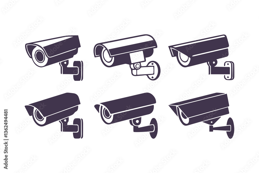 Minimal Security CC Camera Set Silhouette Vector Illustration featuring modern surveillance camera icons in clean, simple black shapes perfect for security systems, apps, signage, or infographics. Minimal Security CC Camera Set Silhouette Vector Illustration featuring modern surveillance camera icons in clean, simple black shapes perfect for security systems, apps, signage, or infographics.