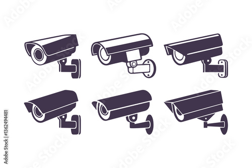 Minimal Security CC Camera Set Silhouette Vector Illustration featuring modern surveillance camera icons in clean, simple black shapes perfect for security systems, apps, signage, or infographics.