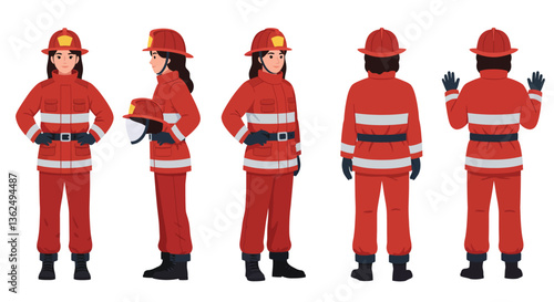 Firefighter character design in flat style showcasing multiple poses vector illustration