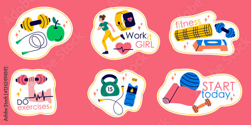 Stickers fitness inventory, gym accessories, sport equipment of badge, label design with lettering