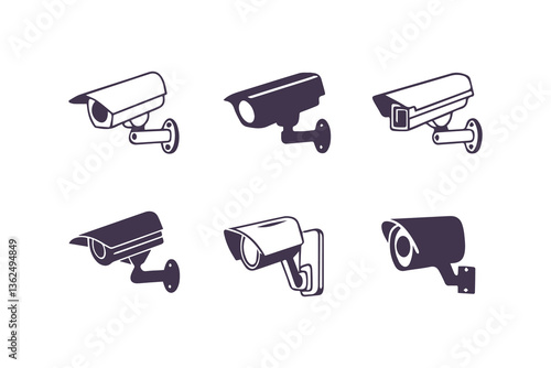 Minimal Security CC Camera Set Silhouette Vector Illustration featuring modern surveillance camera icons in clean, simple black shapes perfect for security systems, apps, signage, or infographics.
