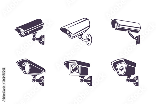 Minimal Security CC Camera Set Silhouette Vector Illustration featuring modern surveillance camera icons in clean, simple black shapes perfect for security systems, apps, signage, or infographics.