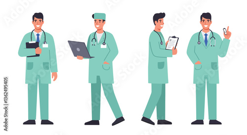 Doctor in scrubs performing various tasks in flat vector illustration