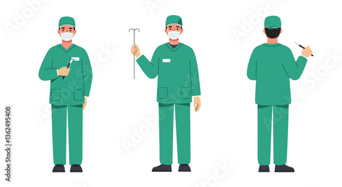 Surgeon in surgical scrubs holding tools in flat design vector art