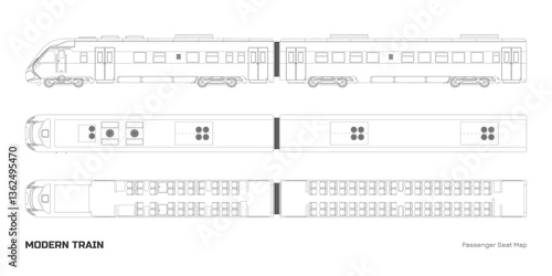 Outline drawing of modern train passenger seat map. Locomotive model top and side view. Rail transport interior scheme. Isolated line express
