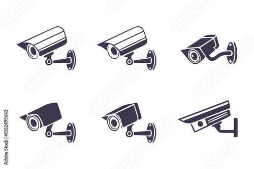 Minimal Security CC Camera Set Silhouette Vector Illustration featuring modern surveillance camera icons in clean, simple black shapes perfect for security systems, apps, signage, or infographics.