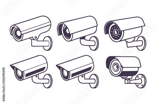 Minimal Security CC Camera Set Silhouette Vector Illustration featuring modern surveillance camera icons in clean, simple black shapes perfect for security systems, apps, signage, or infographics.