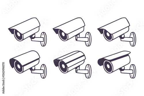 Minimal Security CC Camera Set Silhouette Vector Illustration featuring modern surveillance camera icons in clean, simple black shapes perfect for security systems, apps, signage, or infographics.