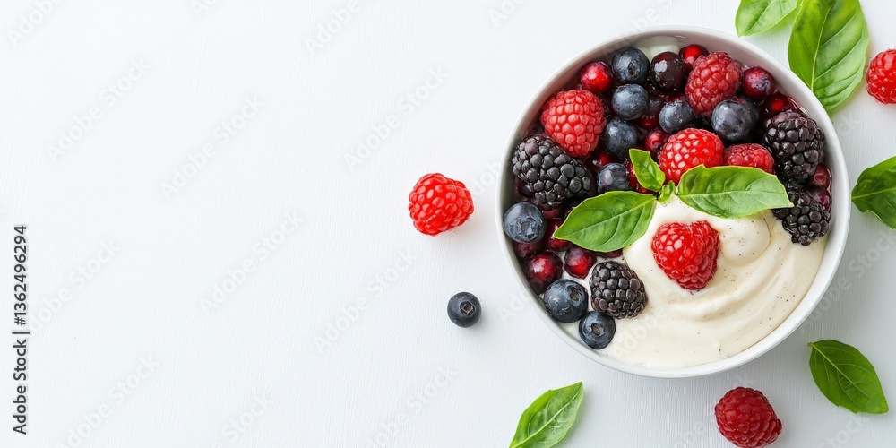 Bowl of granola topped with berries kiwi and yogurt in overhead composition placed beside flowers in natural light for healthy styled morning food image Bowl of granola topped with berries kiwi and yogurt in overhead composition placed beside flowers in natural light for healthy styled morning food image