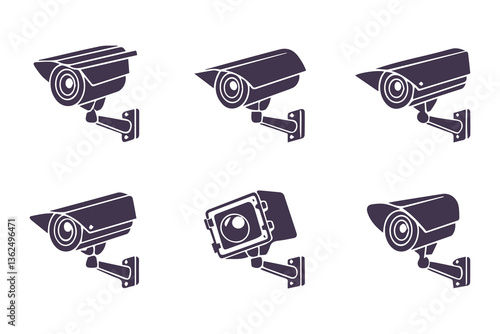 Minimal Security CC Camera Set Silhouette Vector Illustration featuring modern surveillance camera icons in clean, simple black shapes perfect for security systems, apps, signage, or infographics.