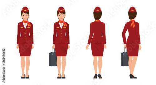 Flight attendant character design in detailed flat style showcasing multiple poses vector illustration