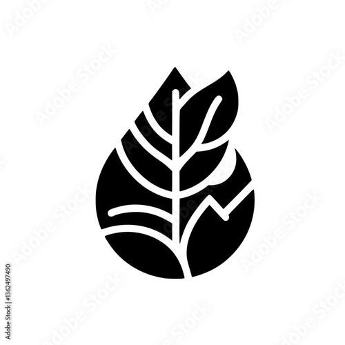 Abstract black and white botanical illustration featuring a stylized leaf composed of organic curves and lines.