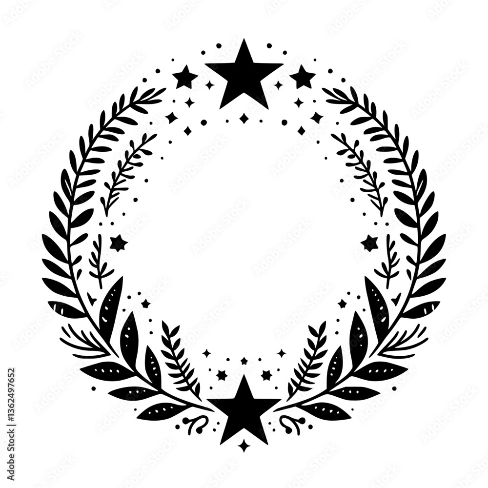 Fototapeta premium Elegant monochrome circular wreath with floral elements, stars, and dots, creating a festive and decorative design on white.
